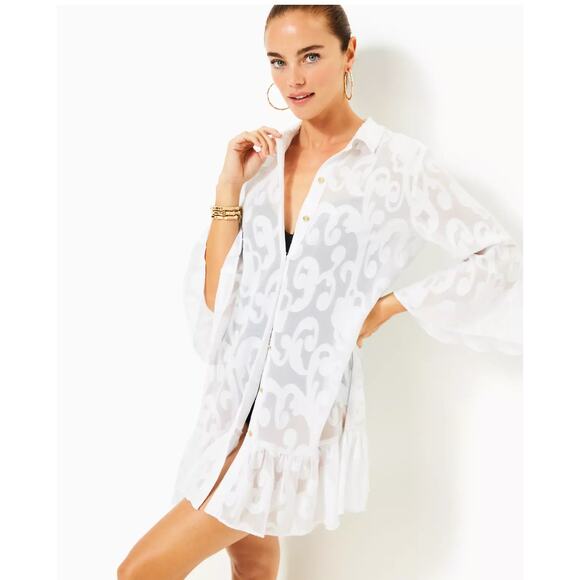 Lilly Pulitzer Linley Dress Cover Up White Collared Shirtdress Sheer Ruffle XS - Picture 1 of 8